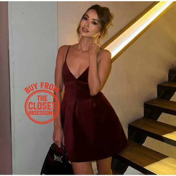 🍷 ZARA Velvet V-Neck Mini Dress NWT | Red Spaghetti Strap Flare M/L - Picture 11 of 16